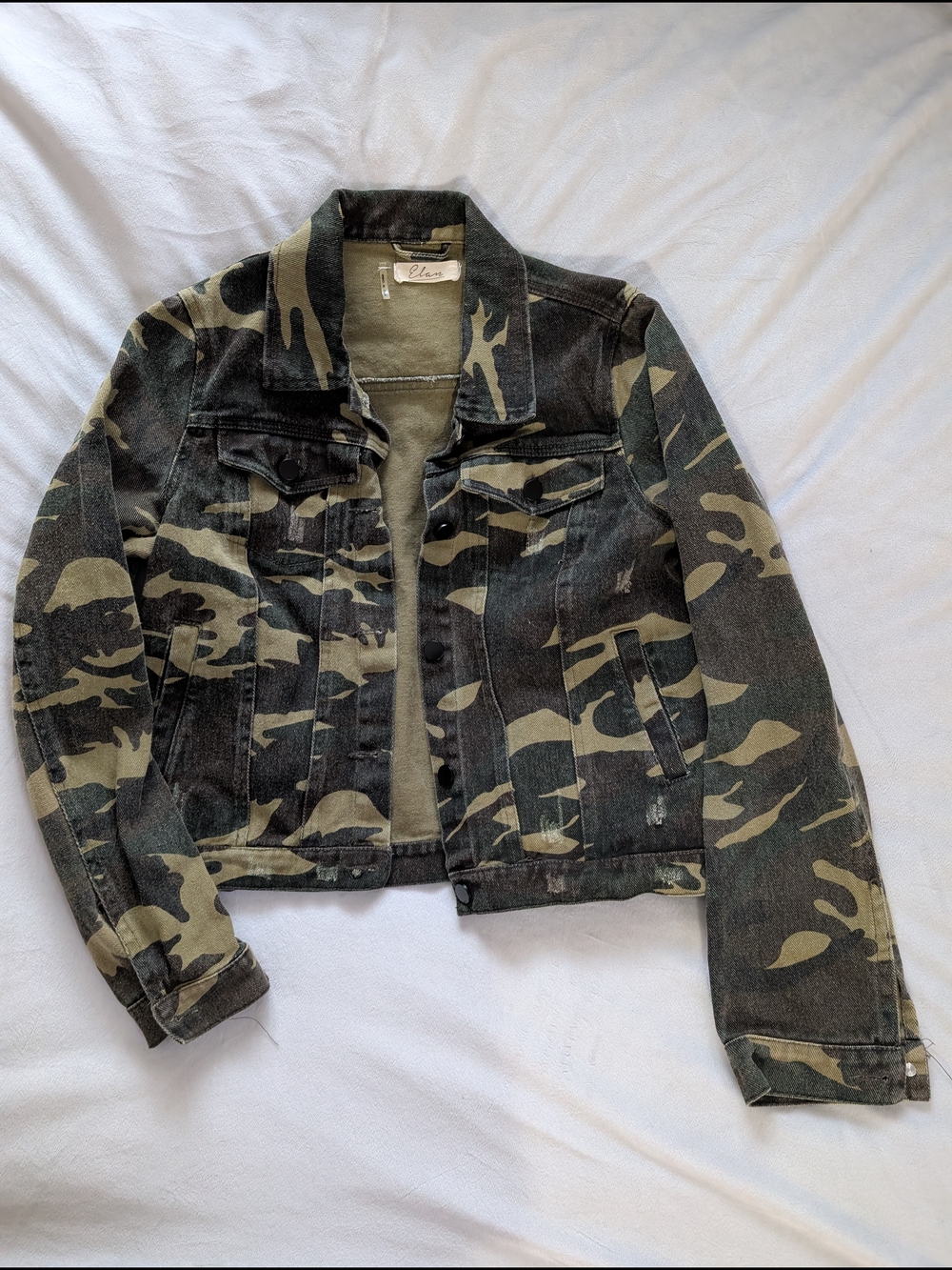 Streetwear Elan Distressed Camo Denim Trucker Jacket Womens M Utility Military
